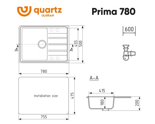 Мойка ULGRAN Quartz Prima 780-10 песок