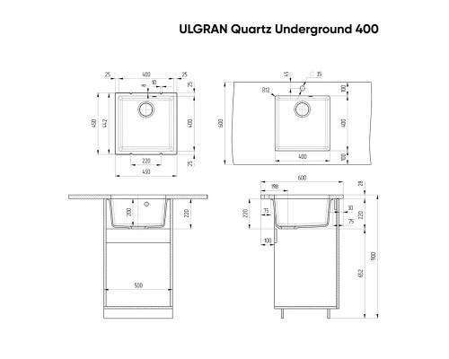 Мойка ULGRAN Quartz Undergraund 400-04 платина