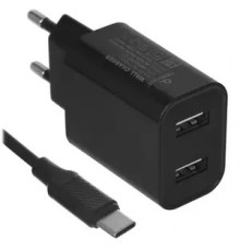 Адаптер питания Cablexpert MP3A-PC-37 USB 2 порта, 2.4A, черный + кабель 1м Type-C