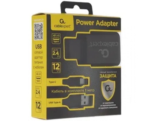 Адаптер питания Cablexpert MP3A-PC-37 USB 2 порта, 2.4A, черный + кабель 1м Type-C