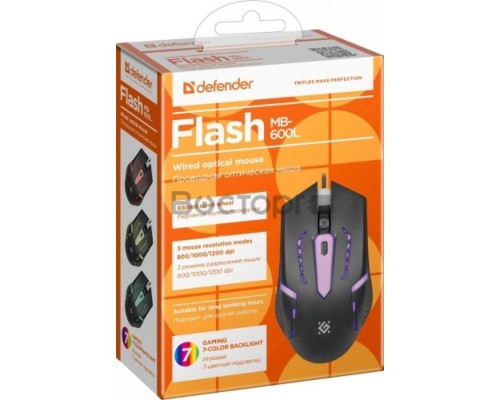 Мышь проводная Defender Flash MB-600L черный,4кнопки,7 цветов подсветки,800- 1200dpi (52600)