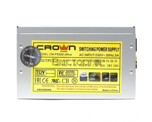 Блок питания CROWN CM-PS500 office (20+4in, 120mm FAN, SATA*2, PATA(big Molex)*3, FDD*1, 4+4pin, Lines 1x12V OEM, скоба)