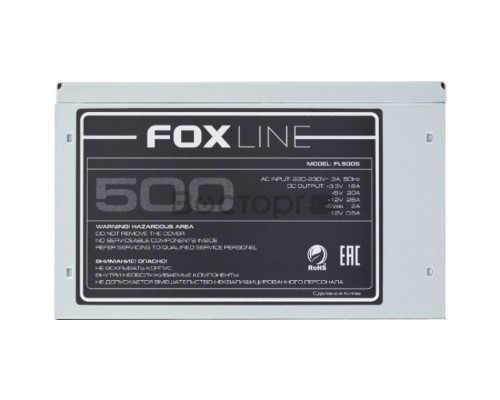 Блок питания ATX Foxline FL500S 500Вт, NOPFC, 120FAN, 3xSATA, 2xPATA, 1xFDD, 1xPCI-E, 24+4