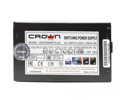 Блок питания CROWN CM-PS500W PLUS (ATX 500W, EMI/CE, 20+4in 450mm, 120mm red FAN, SATA*4, IDE*4, FDD*1, 4+4pin, 6+2pin PCI-E*1, кабель питания 1.2м, слюда)