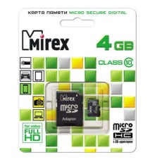 Карта памяти Mirex microSDHC Class 10 4GB + SD adapter, Black