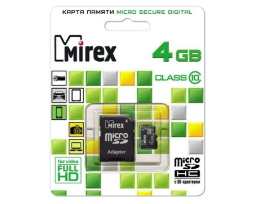 Карта памяти Mirex microSDHC Class 10 4GB + SD adapter, Black